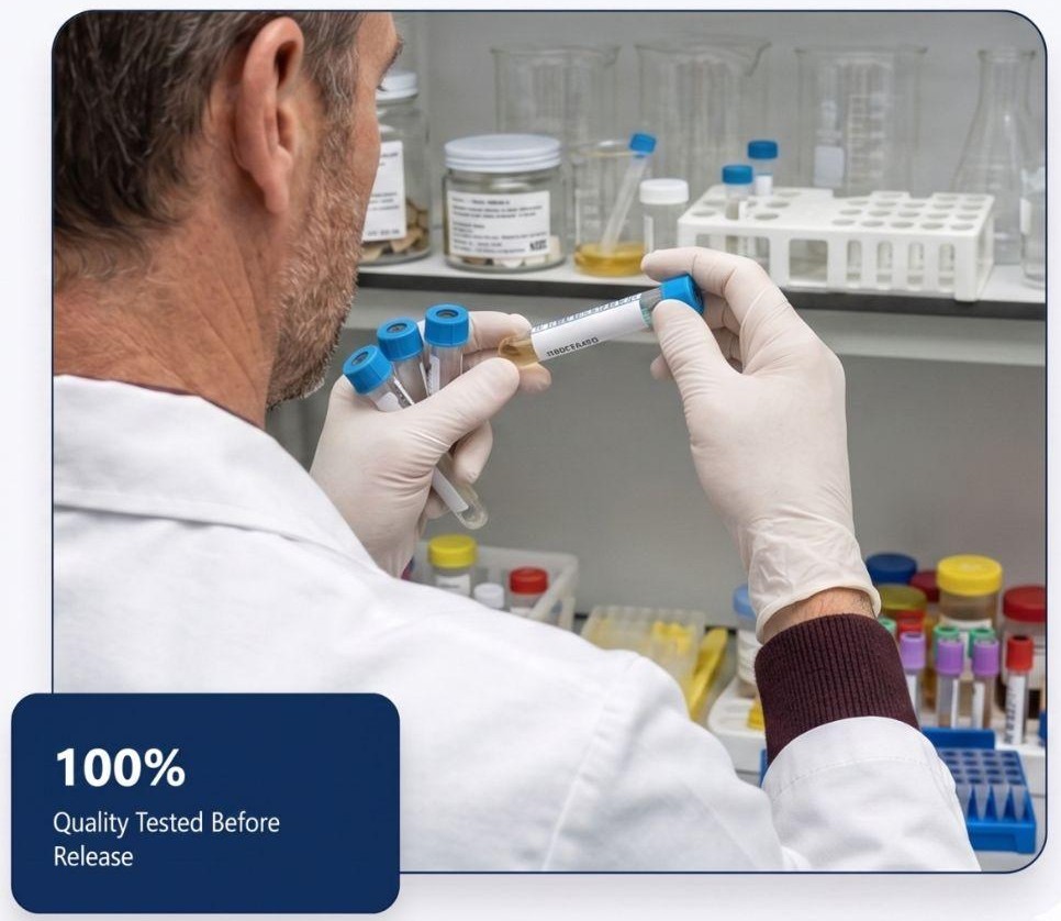 Aleafiaa laboratory professional testing a sample, captioned “100% Quality Tested Before Release”